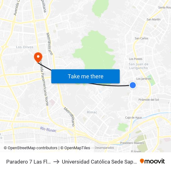 Paradero 7 Las Flores to Universidad Católica Sede Sapientiae map