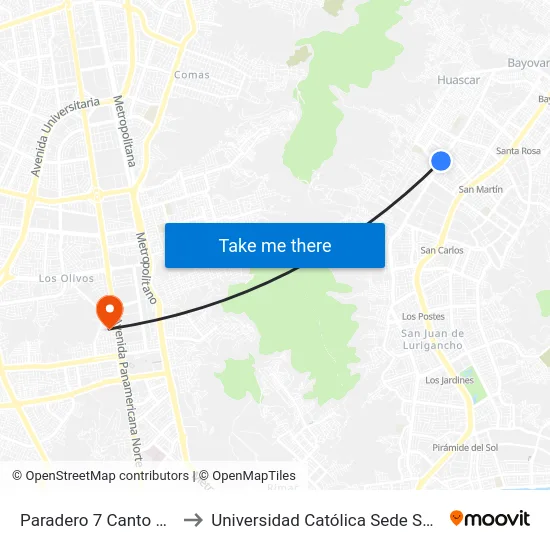 Paradero 7 Canto Grande to Universidad Católica Sede Sapientiae map