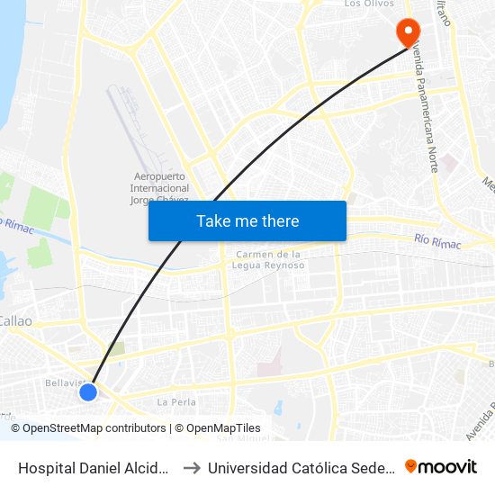 Hospital Daniel Alcides Carrión to Universidad Católica Sede Sapientiae map