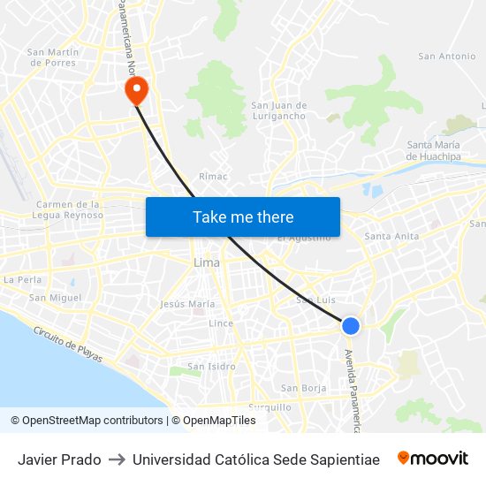Javier Prado to Universidad Católica Sede Sapientiae map