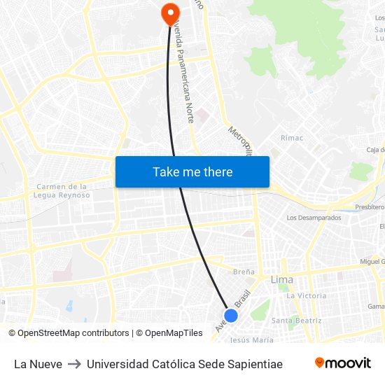 La Nueve to Universidad Católica Sede Sapientiae map