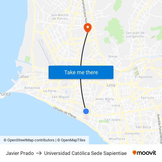 Javier Prado to Universidad Católica Sede Sapientiae map