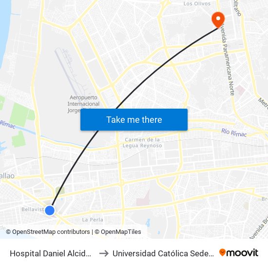 Hospital Daniel Alcides Carrión to Universidad Católica Sede Sapientiae map