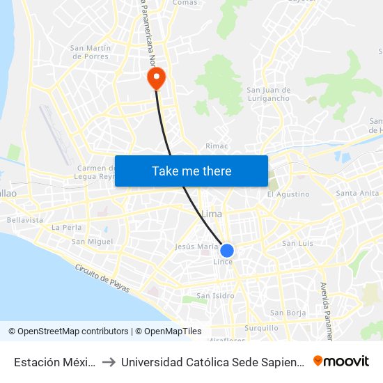 Estación México to Universidad Católica Sede Sapientiae map