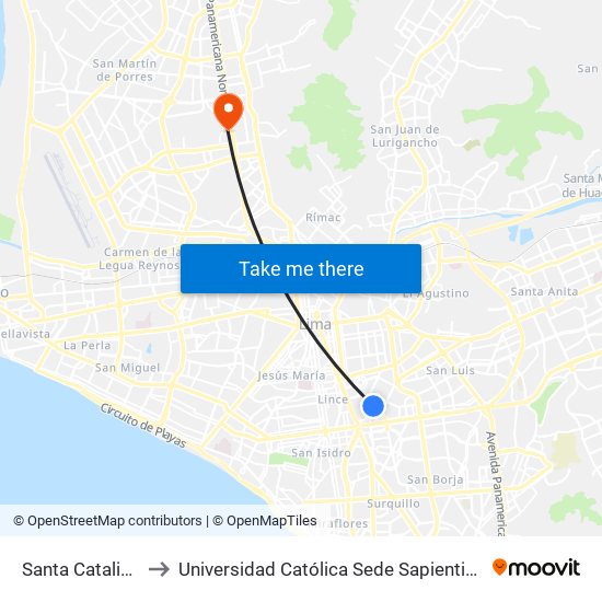 Santa Catalina to Universidad Católica Sede Sapientiae map