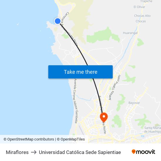 Miraflores to Universidad Católica Sede Sapientiae map