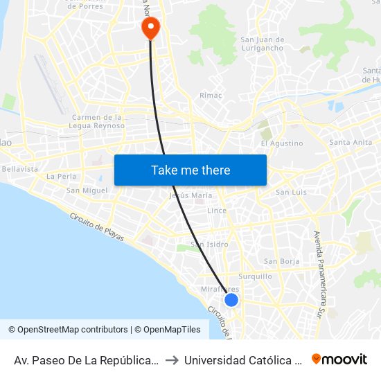 Av. Paseo De La República (Parque Reducto) to Universidad Católica Sede Sapientiae map