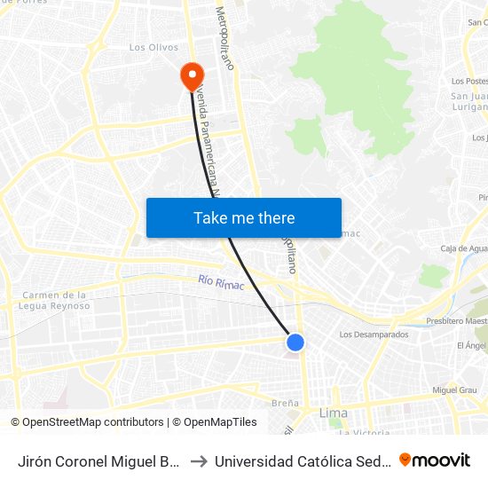 Jirón Coronel Miguel Baquero, 182 to Universidad Católica Sede Sapientiae map