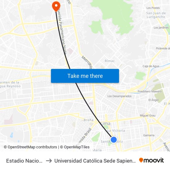 Estadio Nacional to Universidad Católica Sede Sapientiae map