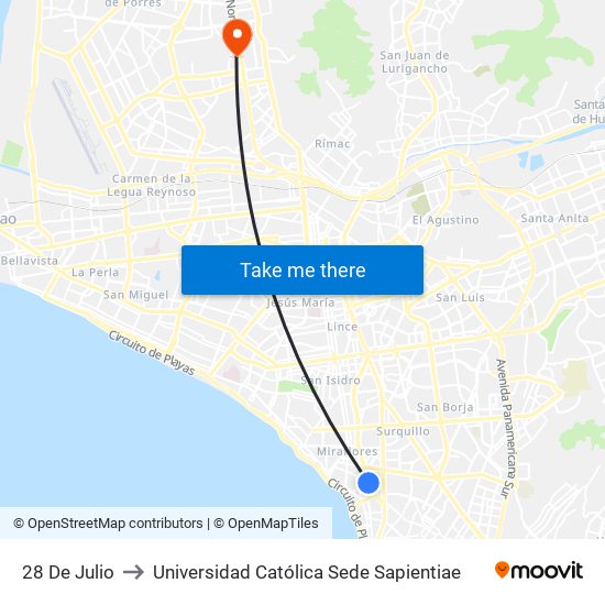 28 De Julio to Universidad Católica Sede Sapientiae map