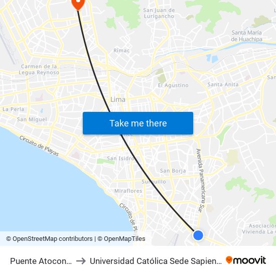 Puente Atocongo to Universidad Católica Sede Sapientiae map