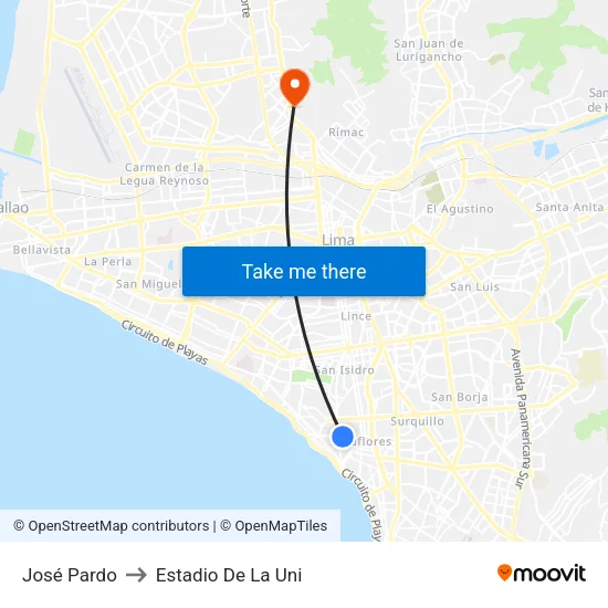 José Pardo to Estadio De La Uni map
