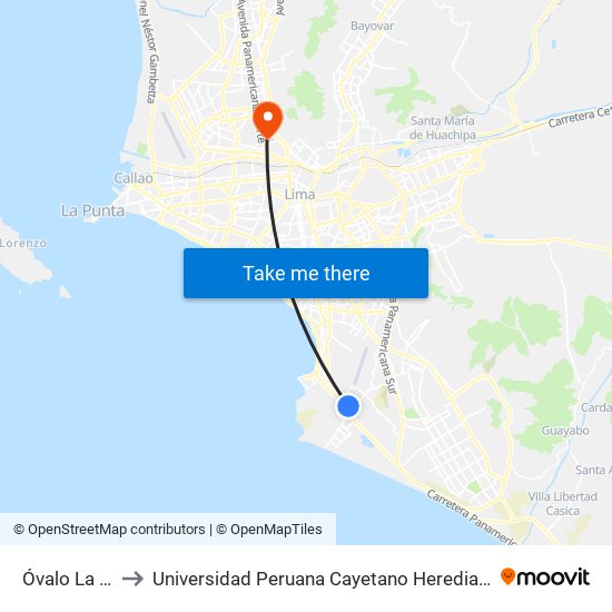 Óvalo La Curva to Universidad Peruana Cayetano Heredia - Campo Central map