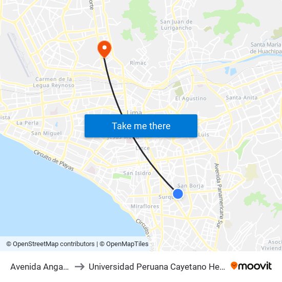Avenida Angamos, 2132 to Universidad Peruana Cayetano Heredia - Campo Central map