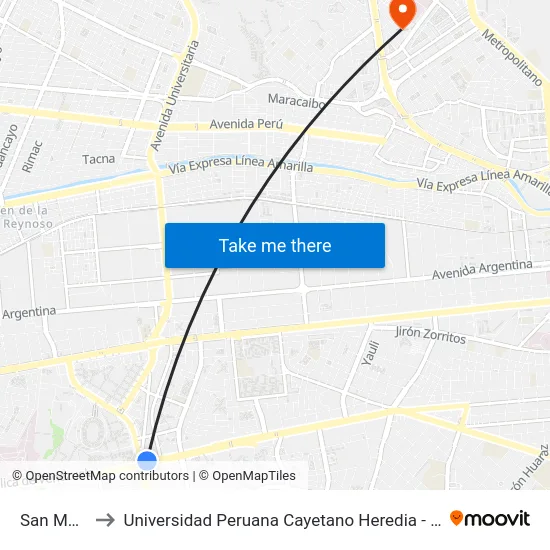 San Marcos to Universidad Peruana Cayetano Heredia - Campo Central map