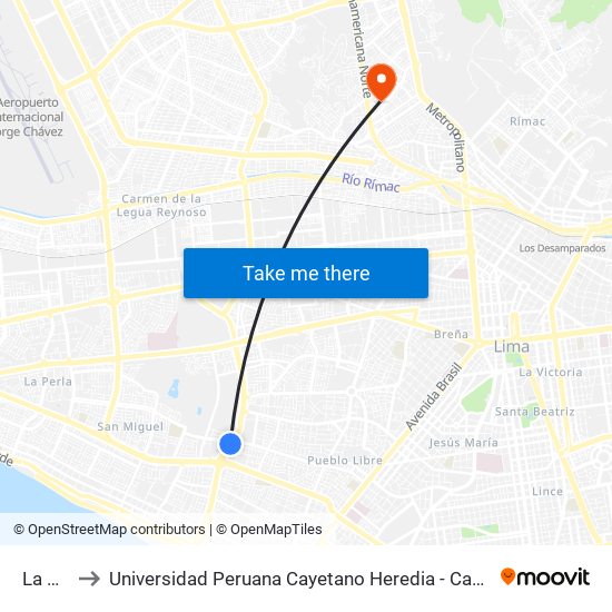 La Mar to Universidad Peruana Cayetano Heredia - Campo Central map