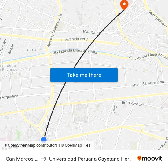 San Marcos Puerta 2 to Universidad Peruana Cayetano Heredia - Campo Central map