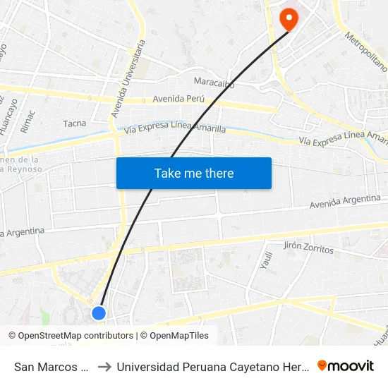 San Marcos Puerta 03 to Universidad Peruana Cayetano Heredia - Campo Central map