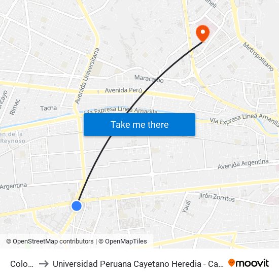 Colonial to Universidad Peruana Cayetano Heredia - Campo Central map
