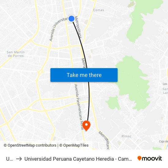 Uch to Universidad Peruana Cayetano Heredia - Campo Central map