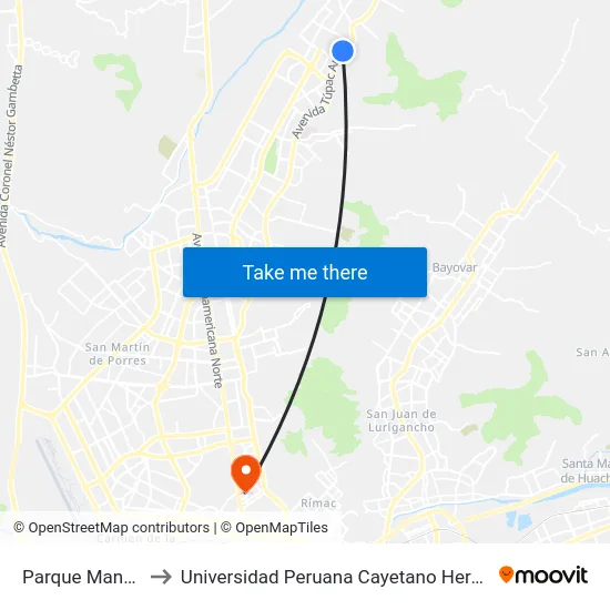 Parque Manco Capac to Universidad Peruana Cayetano Heredia - Campo Central map
