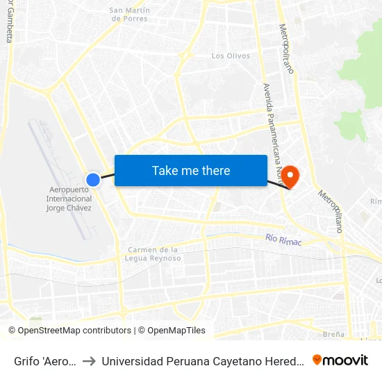 Grifo 'Aeropuerto' to Universidad Peruana Cayetano Heredia - Campo Central map
