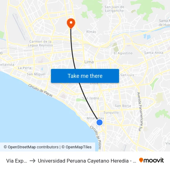 Vía Expresa to Universidad Peruana Cayetano Heredia - Campo Central map