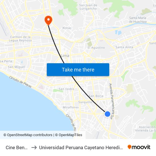 Cine Benavides to Universidad Peruana Cayetano Heredia - Campo Central map