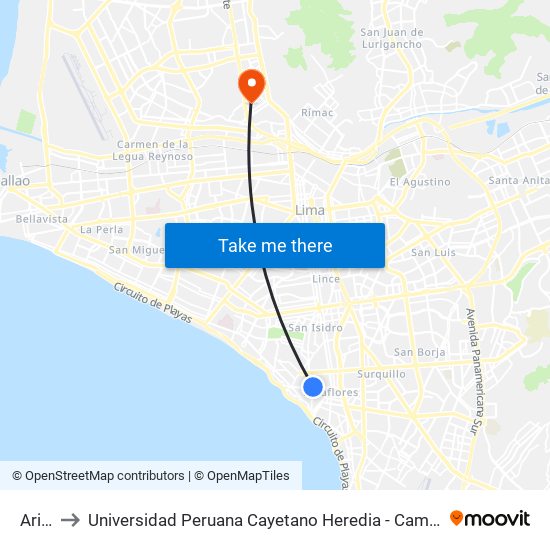 Arica to Universidad Peruana Cayetano Heredia - Campo Central map