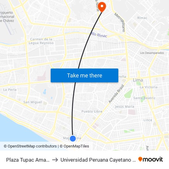 Plaza Tupac Amaru - Magdalena to Universidad Peruana Cayetano Heredia - Campo Central map