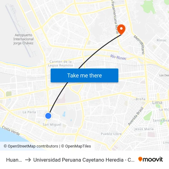 Huandoy to Universidad Peruana Cayetano Heredia - Campo Central map