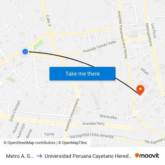 Metro A. Gamarra to Universidad Peruana Cayetano Heredia - Campo Central map