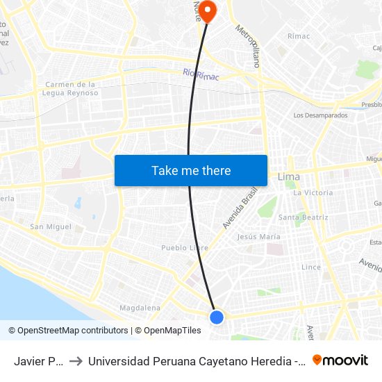 Javier Prado to Universidad Peruana Cayetano Heredia - Campo Central map