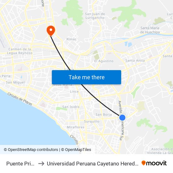 Puente Primavera to Universidad Peruana Cayetano Heredia - Campo Central map