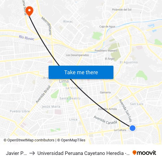 Javier Prado to Universidad Peruana Cayetano Heredia - Campo Central map