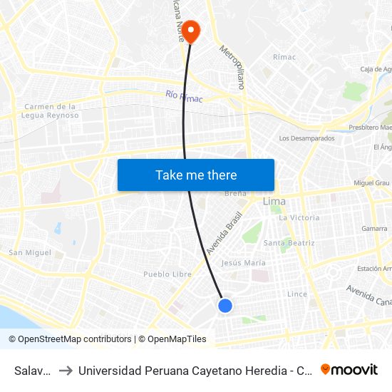 Salaverry to Universidad Peruana Cayetano Heredia - Campo Central map