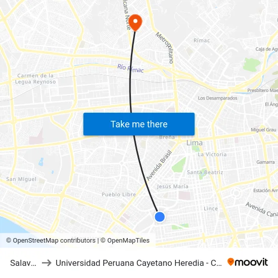 Salaverry to Universidad Peruana Cayetano Heredia - Campo Central map