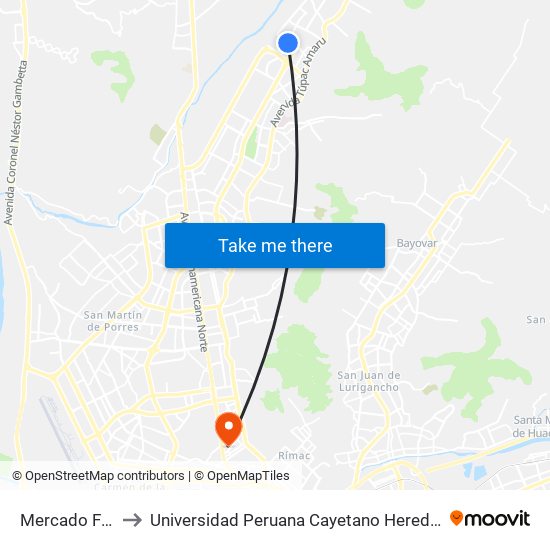 Mercado Frontera to Universidad Peruana Cayetano Heredia - Campo Central map