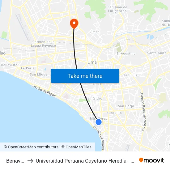 Benavides to Universidad Peruana Cayetano Heredia - Campo Central map