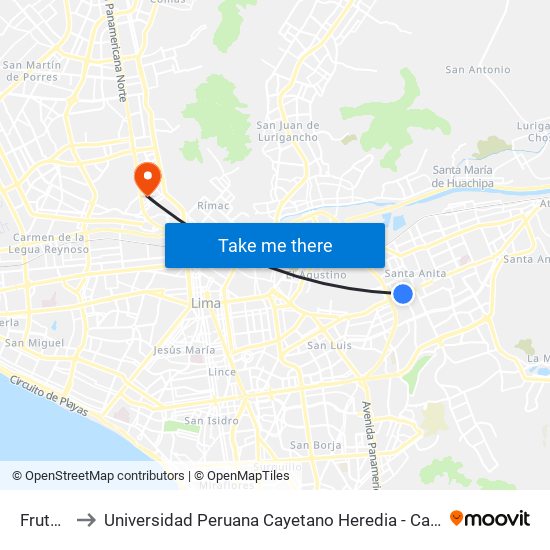 Frutales to Universidad Peruana Cayetano Heredia - Campo Central map