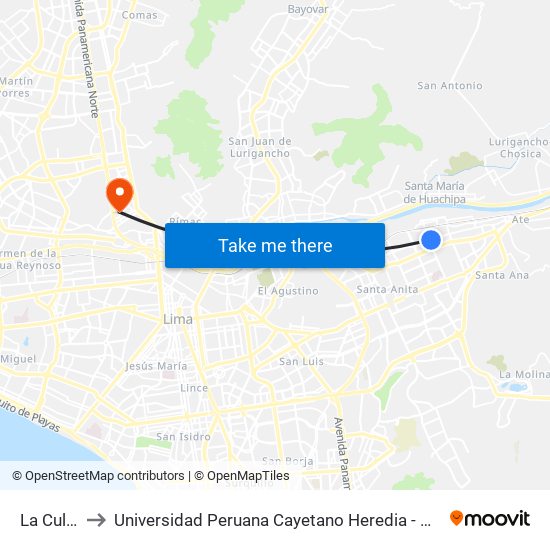 La Cultura to Universidad Peruana Cayetano Heredia - Campo Central map