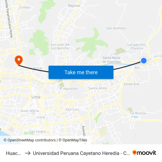 Huachipa to Universidad Peruana Cayetano Heredia - Campo Central map