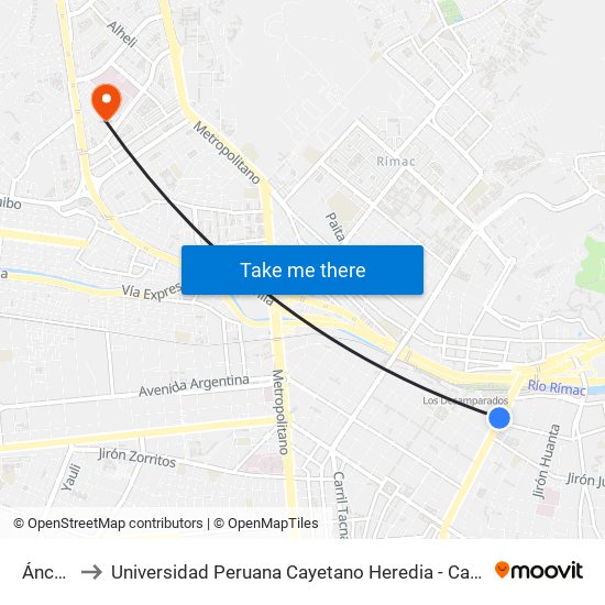 Áncash to Universidad Peruana Cayetano Heredia - Campo Central map