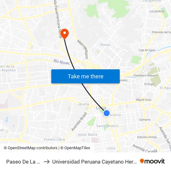 Paseo De La República to Universidad Peruana Cayetano Heredia - Campo Central map