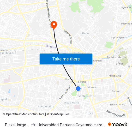 Plaza Jorge Chávez to Universidad Peruana Cayetano Heredia - Campo Central map