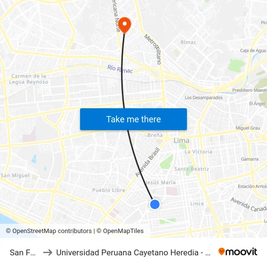 San Felipe to Universidad Peruana Cayetano Heredia - Campo Central map
