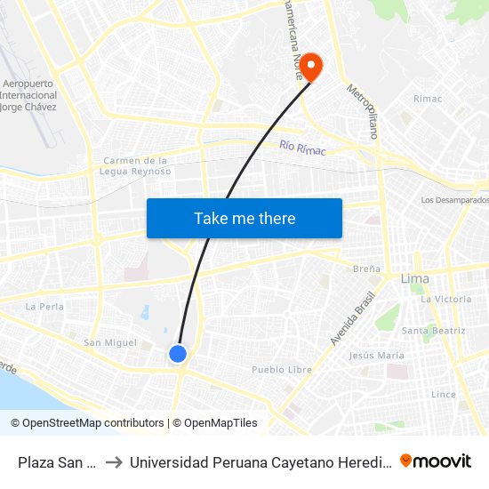 Plaza San Miguel to Universidad Peruana Cayetano Heredia - Campo Central map