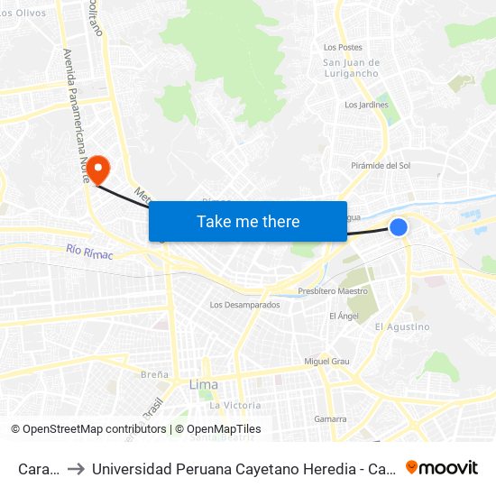 Caracol to Universidad Peruana Cayetano Heredia - Campo Central map