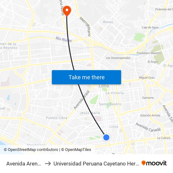 Avenida Arenales, 2426 to Universidad Peruana Cayetano Heredia - Campo Central map