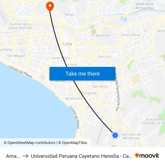 Amauta to Universidad Peruana Cayetano Heredia - Campo Central map